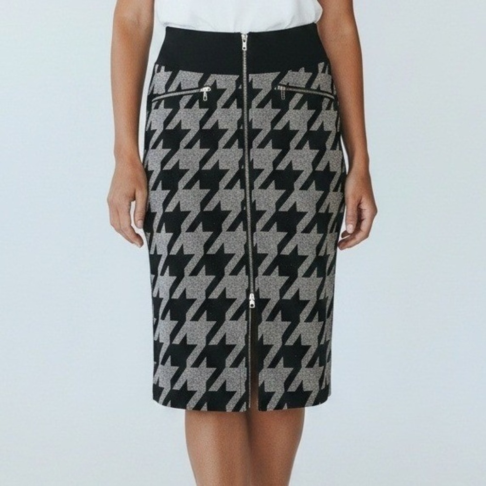 Worthington Houndstooth Pencil Skirt Front Zip Grey Black Size 4